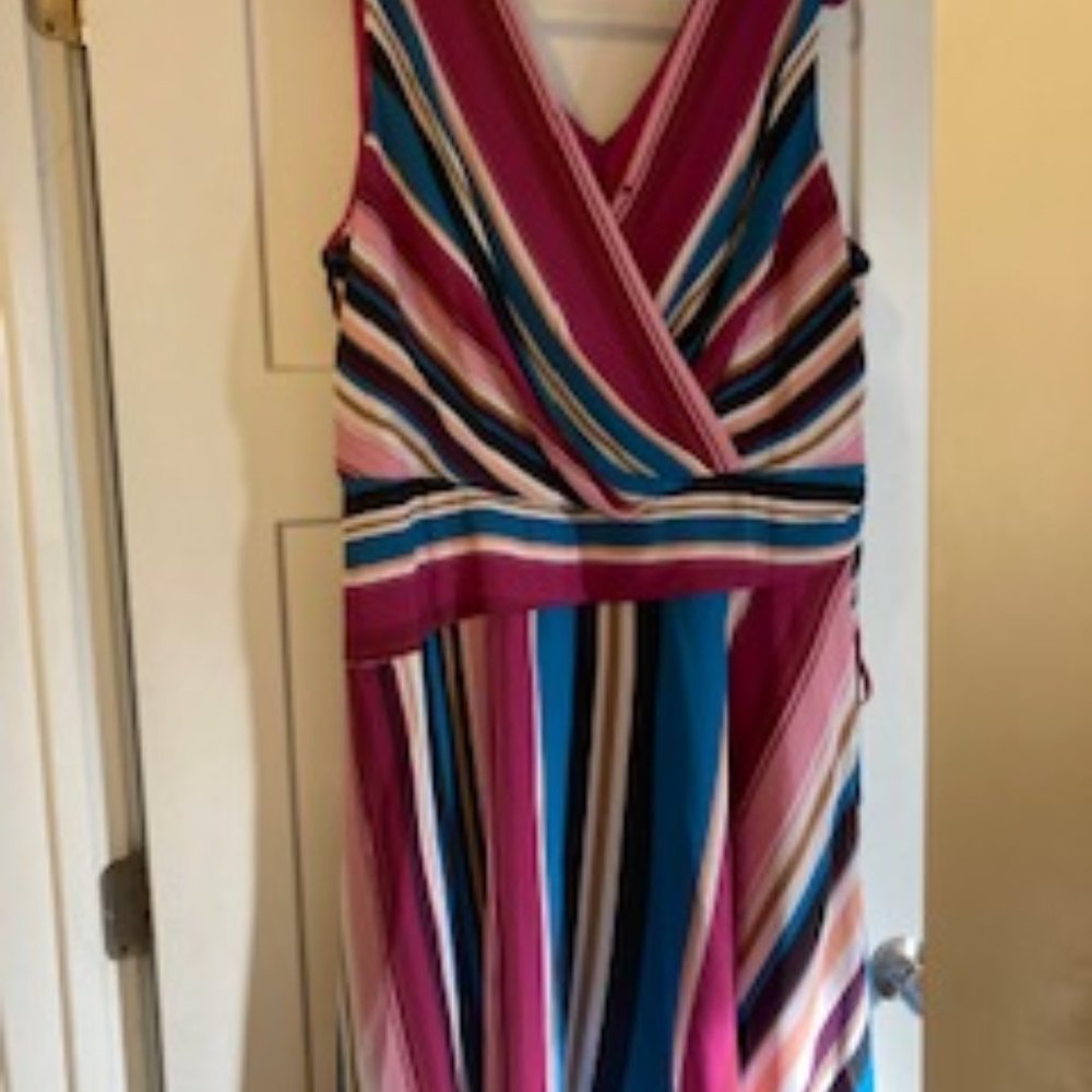 Dress Barn Roz & Ali wrap style pink/teal multi stripe dress Size 20